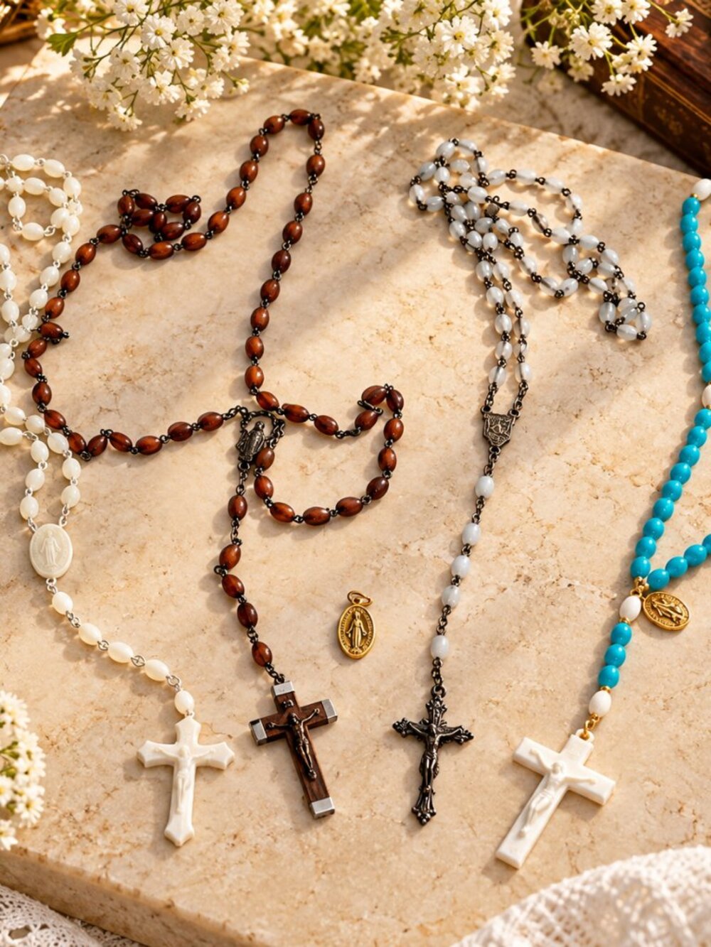 Vintage Religious Rosary Necklace Lot of 4 โ Crosses & Miraculous Medals